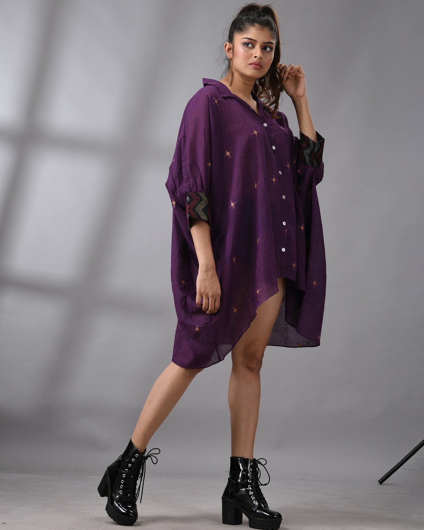 Handloom Jamdani Purple Kaftan Regular Shirt Collar Hand Embroidery on Cuff Free size Loose Fit 100% Cotton for Women