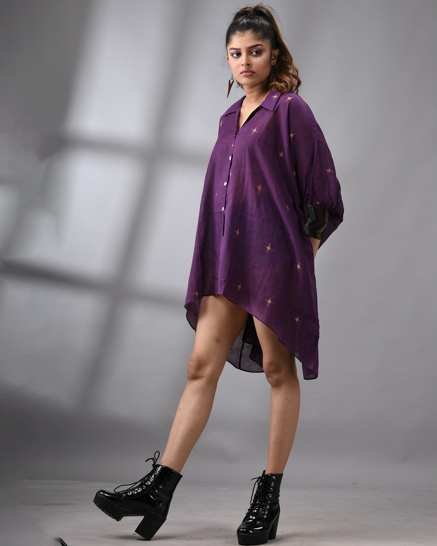 Handloom Jamdani Purple Kaftan Regular Shirt Collar Hand Embroidery on Cuff Free size Loose Fit 100% Cotton for Women