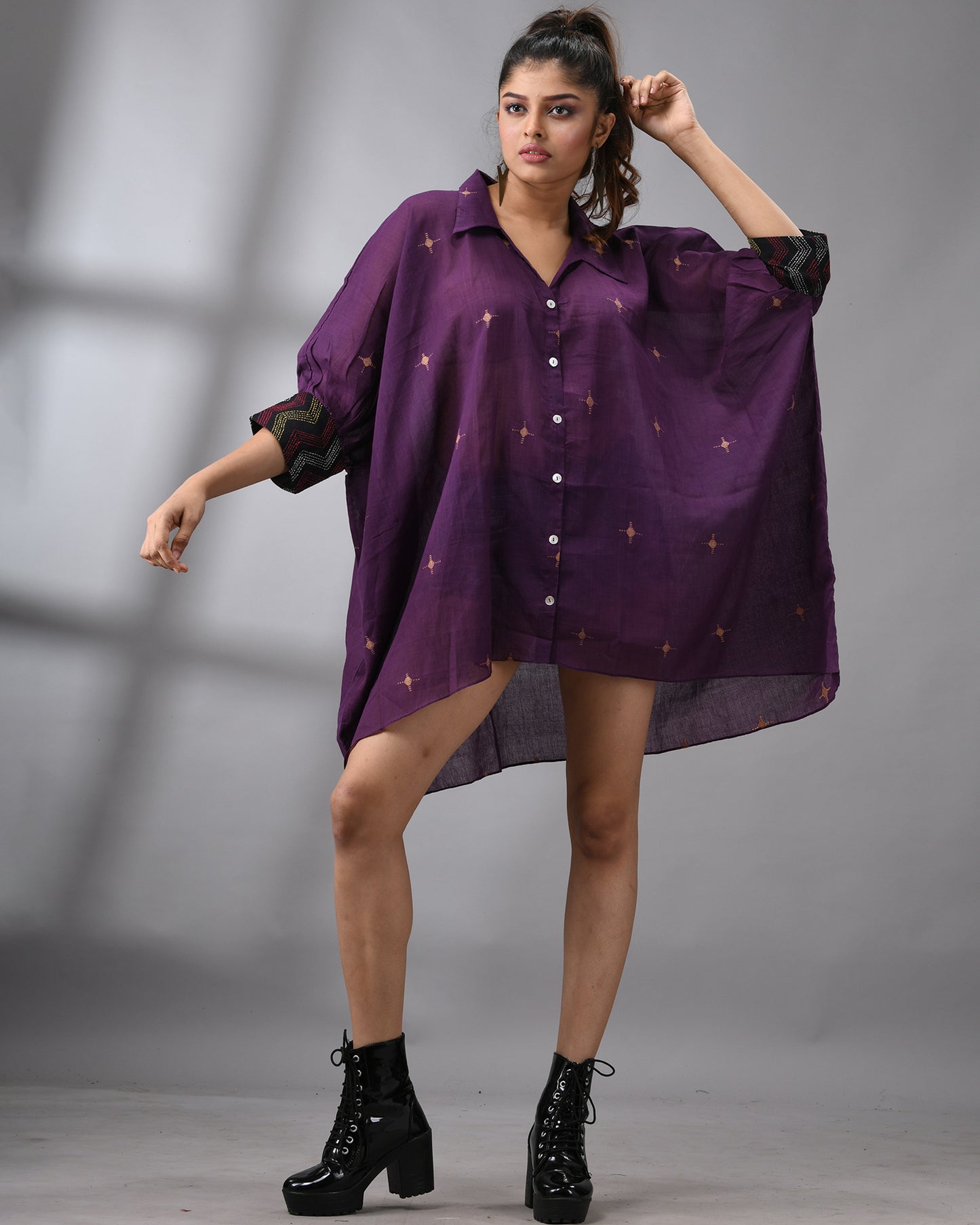 Handloom Jamdani Purple Kaftan Regular Shirt Collar Hand Embroidery on Cuff Free size Loose Fit 100% Cotton for Women