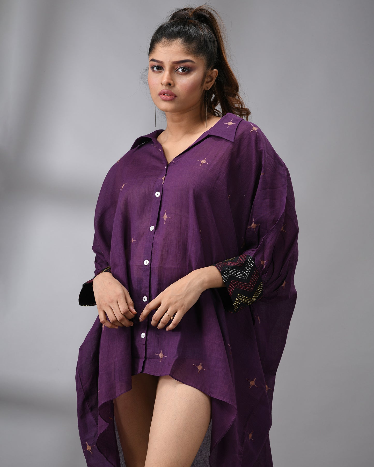 Handloom Jamdani Purple Kaftan Regular Shirt Collar Hand Embroidery on Cuff Free size Loose Fit 100% Cotton for Women