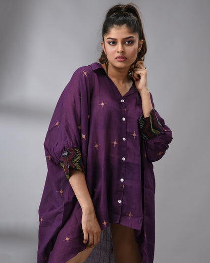 Handloom Jamdani Purple Kaftan Regular Shirt Collar Hand Embroidery on Cuff Free size Loose Fit 100% Cotton for Women