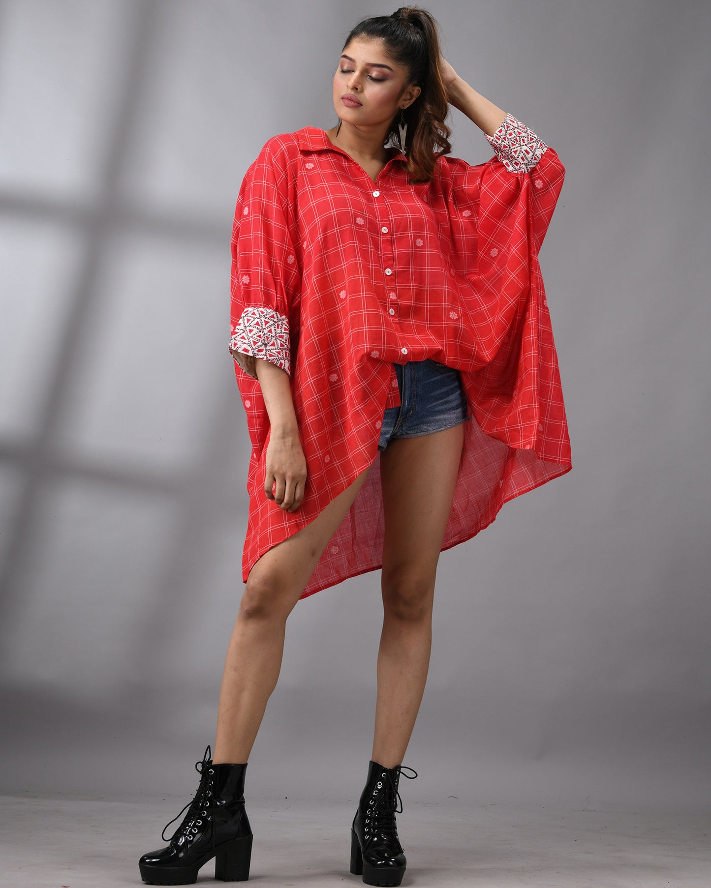 Handloom Jamdani Red Kaftan Regular Shirt Collar  Hand Embroidery on Cuff Free size Loose Fit 100% Cotton for Women