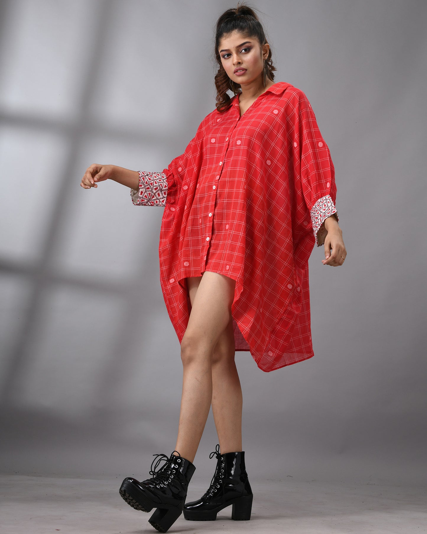 Handloom Jamdani Red Kaftan Regular Shirt Collar  Hand Embroidery on Cuff Free size Loose Fit 100% Cotton for Women