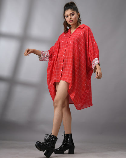 Handloom Jamdani Red Kaftan Regular Shirt Collar  Hand Embroidery on Cuff Free size Loose Fit 100% Cotton for Women