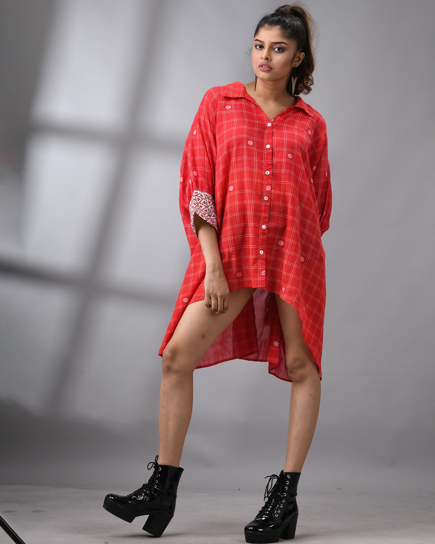 Handloom Jamdani Red Kaftan Regular Shirt Collar  Hand Embroidery on Cuff Free size Loose Fit 100% Cotton for Women