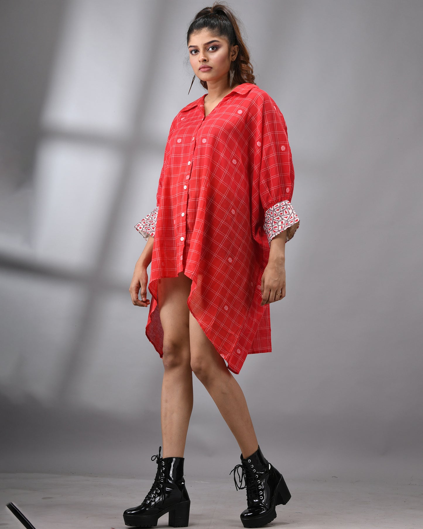 Handloom Jamdani Red Kaftan Regular Shirt Collar  Hand Embroidery on Cuff Free size Loose Fit 100% Cotton for Women