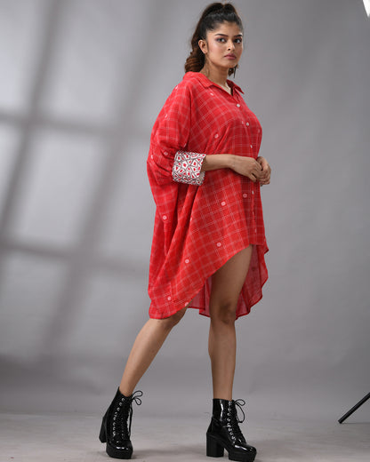 Handloom Jamdani Red Kaftan Regular Shirt Collar  Hand Embroidery on Cuff Free size Loose Fit 100% Cotton for Women