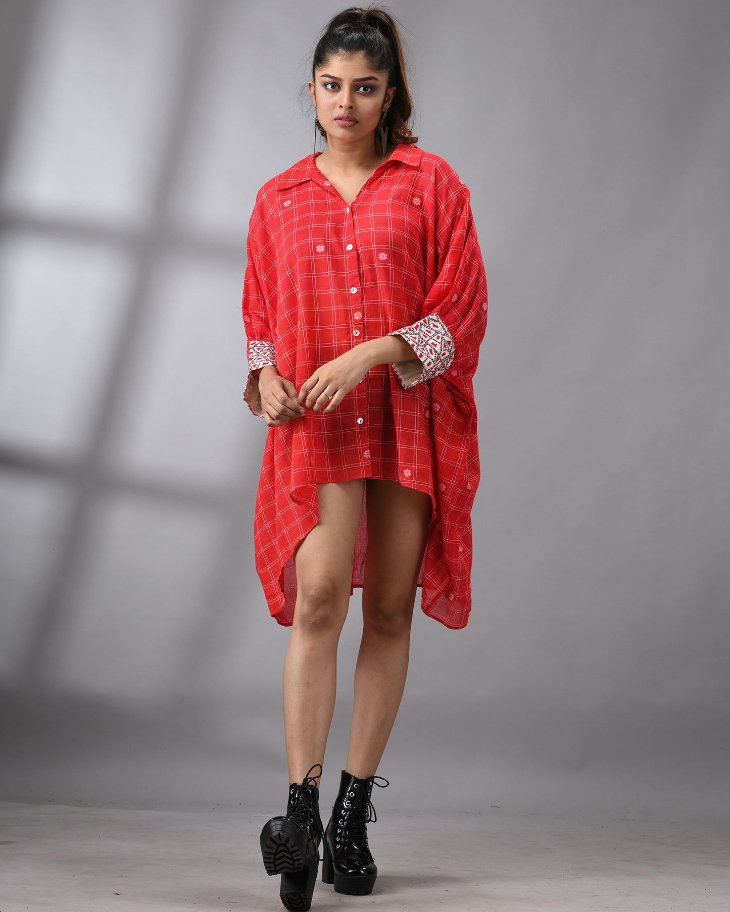Handloom Jamdani Red Kaftan Regular Shirt Collar  Hand Embroidery on Cuff Free size Loose Fit 100% Cotton for Women