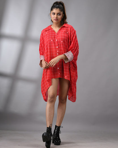 Handloom Jamdani Red Kaftan Regular Shirt Collar  Hand Embroidery on Cuff Free size Loose Fit 100% Cotton for Women