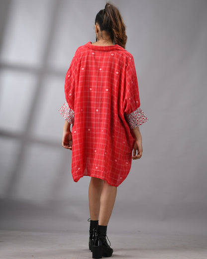 Handloom Jamdani Red Kaftan Regular Shirt Collar  Hand Embroidery on Cuff Free size Loose Fit 100% Cotton for Women