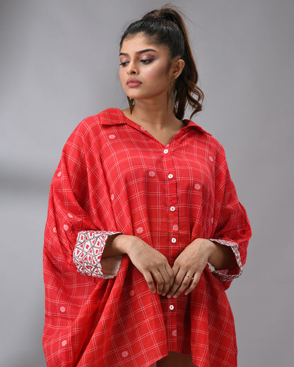 Handloom Jamdani Red Kaftan Regular Shirt Collar  Hand Embroidery on Cuff Free size Loose Fit 100% Cotton for Women