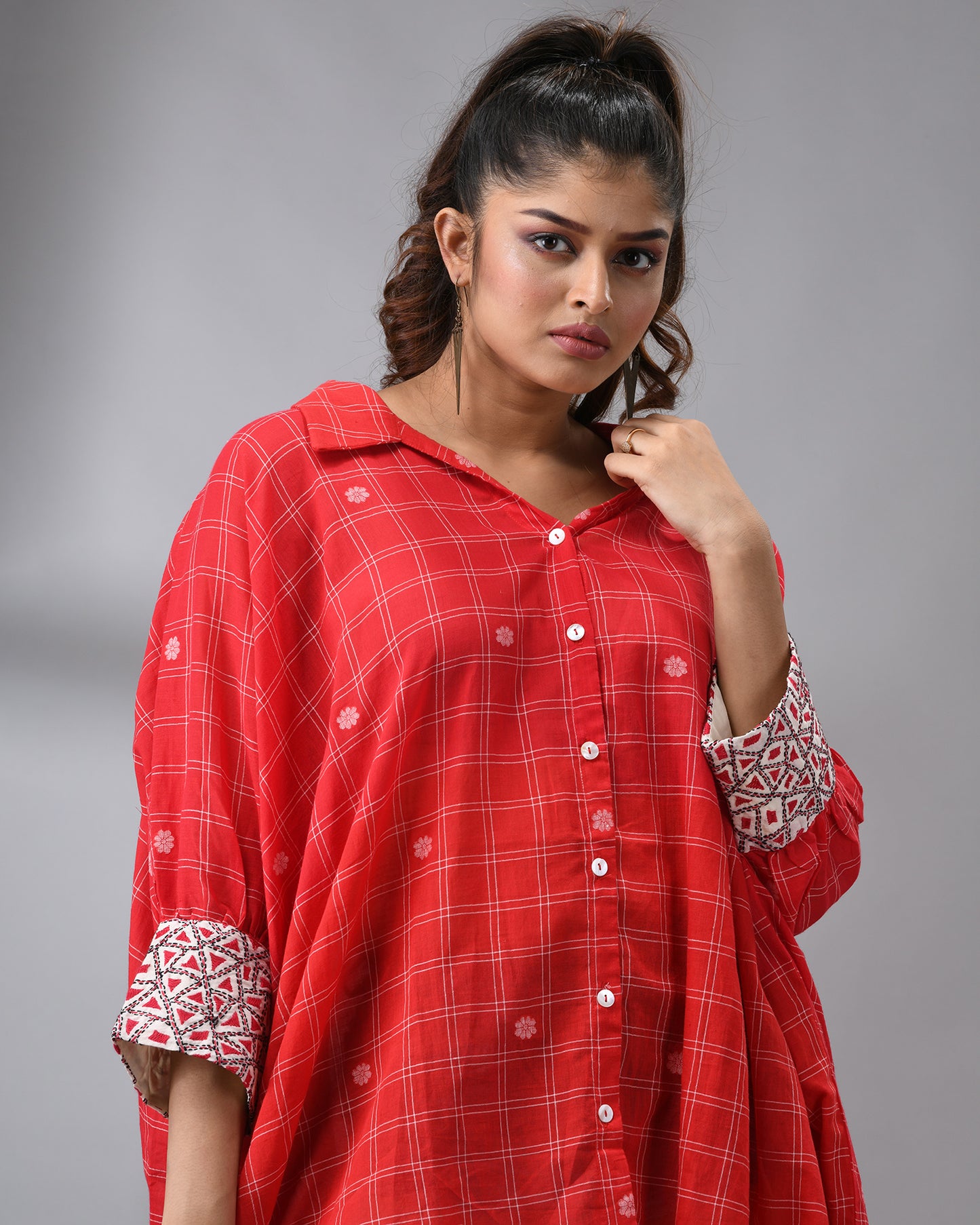Handloom Jamdani Red Kaftan Regular Shirt Collar  Hand Embroidery on Cuff Free size Loose Fit 100% Cotton for Women