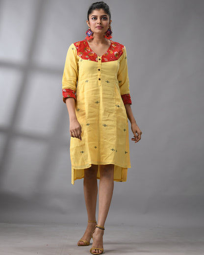 Handloom Jamdani Yellow Kantha Hand Embroidery Three-Quarter Sleeve Roundish "V" Neck Dress 100% Cotton for Women