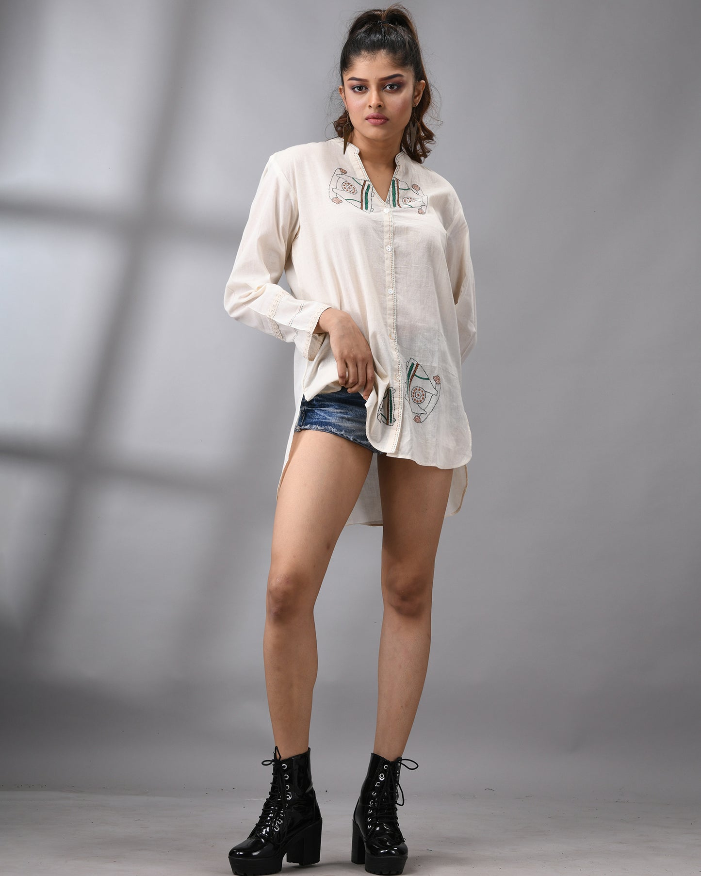 Telephone - Kantha Hand Embroidery Full Sleeve Mandarin Collar shirt Regular Fit 100% Cotton for Women
