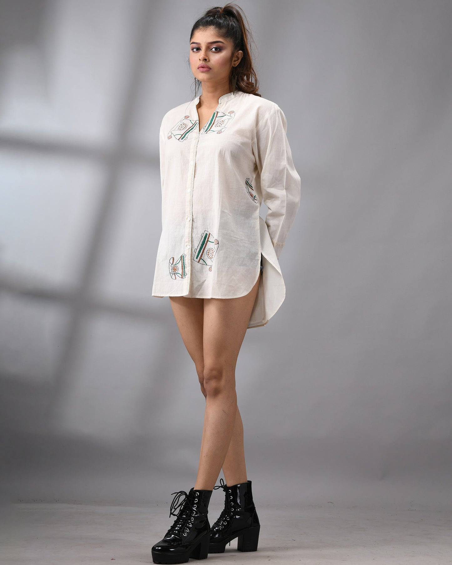 Telephone - Kantha Hand Embroidery Full Sleeve Mandarin Collar shirt Regular Fit 100% Cotton for Women