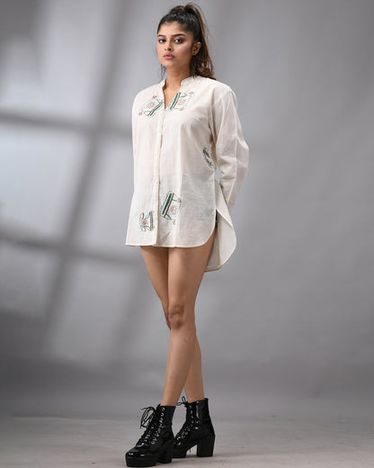 Telephone - Kantha Hand Embroidery Full Sleeve Mandarin Collar shirt Regular Fit 100% Cotton for Women