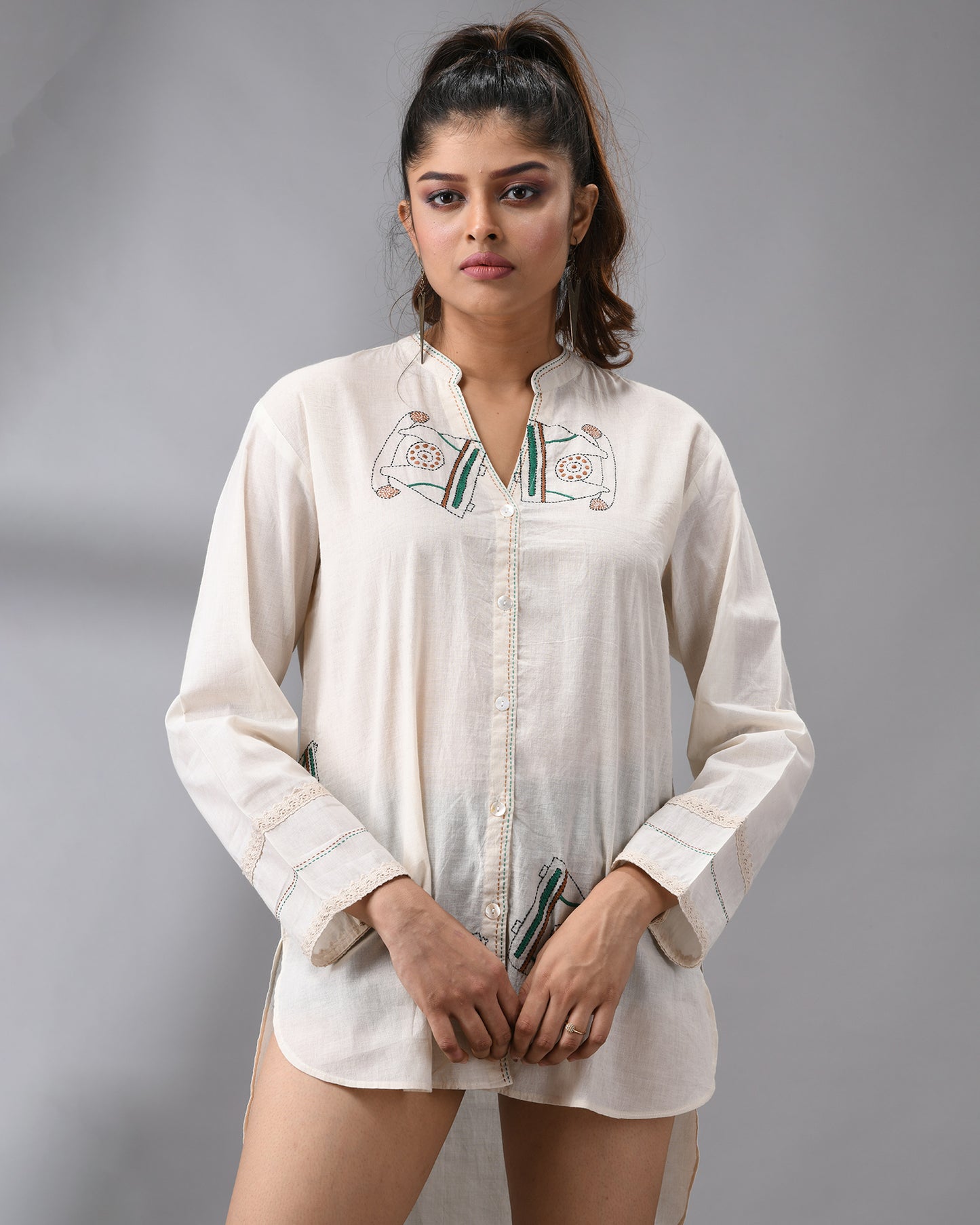 Telephone - Kantha Hand Embroidery Full Sleeve Mandarin Collar shirt Regular Fit 100% Cotton for Women