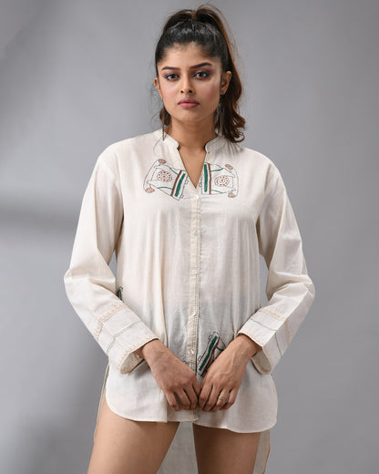 Telephone - Kantha Hand Embroidery Full Sleeve Mandarin Collar shirt Regular Fit 100% Cotton for Women
