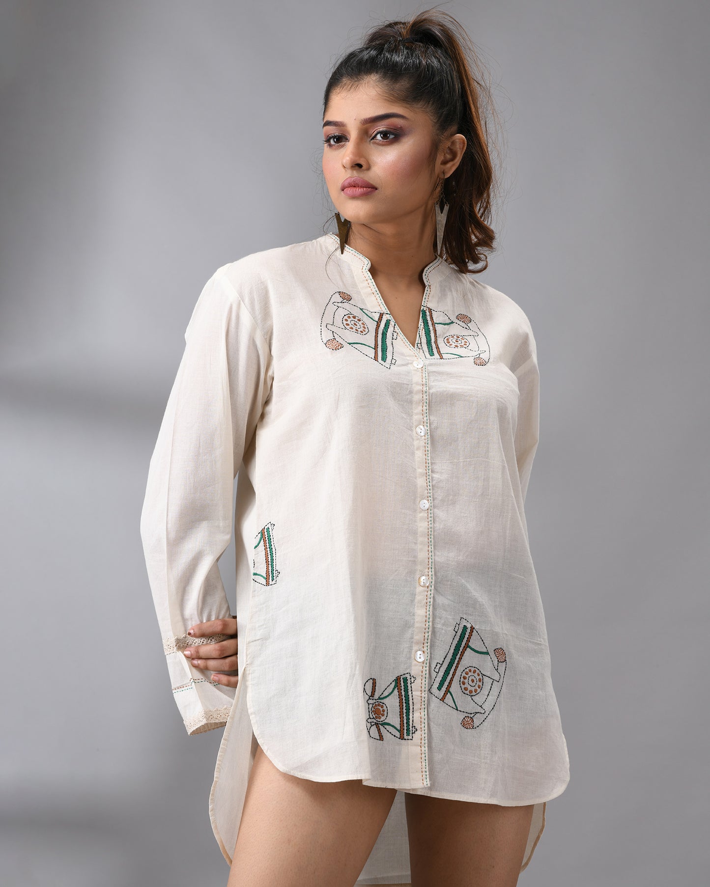 Telephone - Kantha Hand Embroidery Full Sleeve Mandarin Collar shirt Regular Fit 100% Cotton for Women