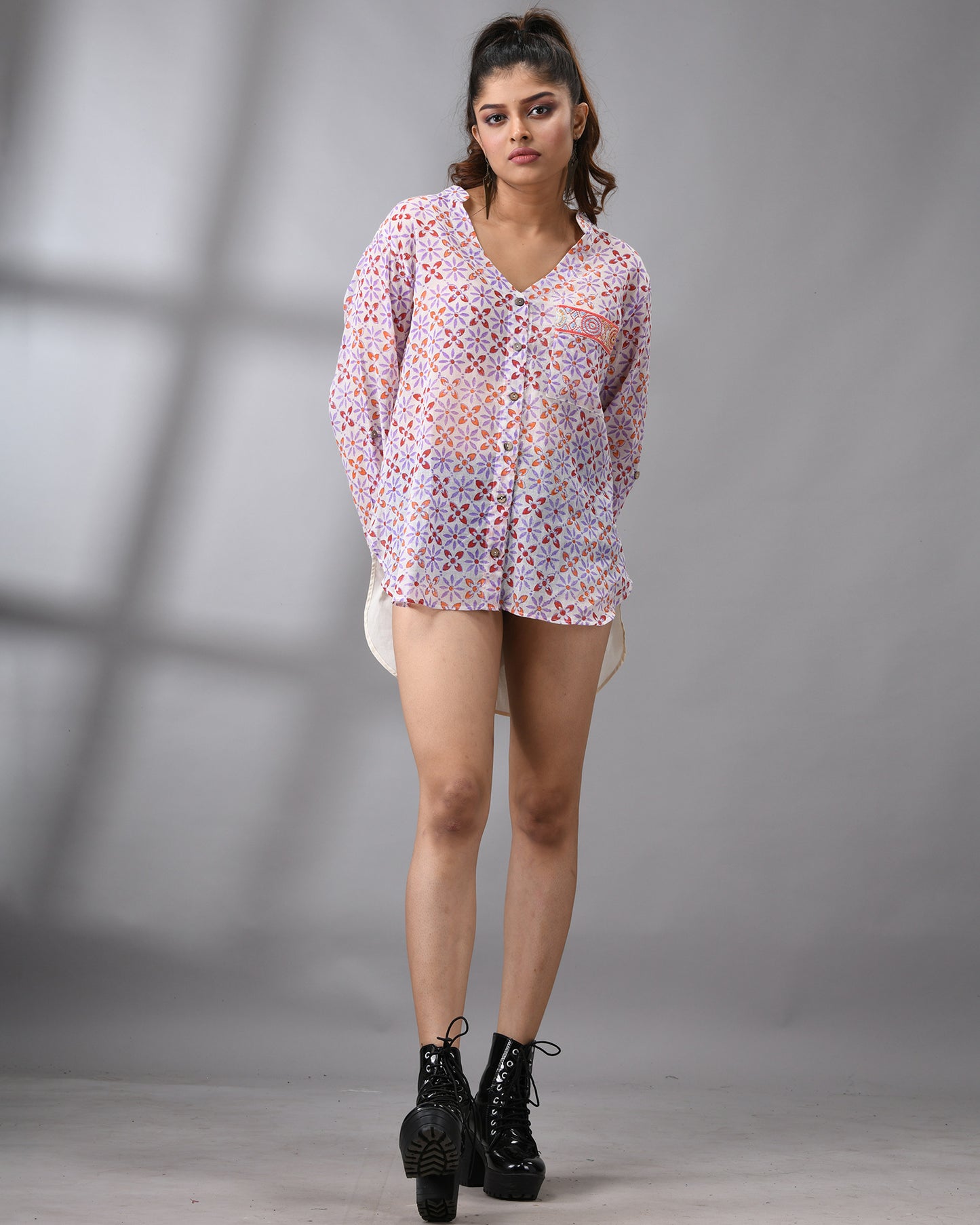 Sitara - Hand Block Printed Full Sleeve Mandarin Collar Shirt With Hand Embroidery Details on Pocket 100% Cotton for Women