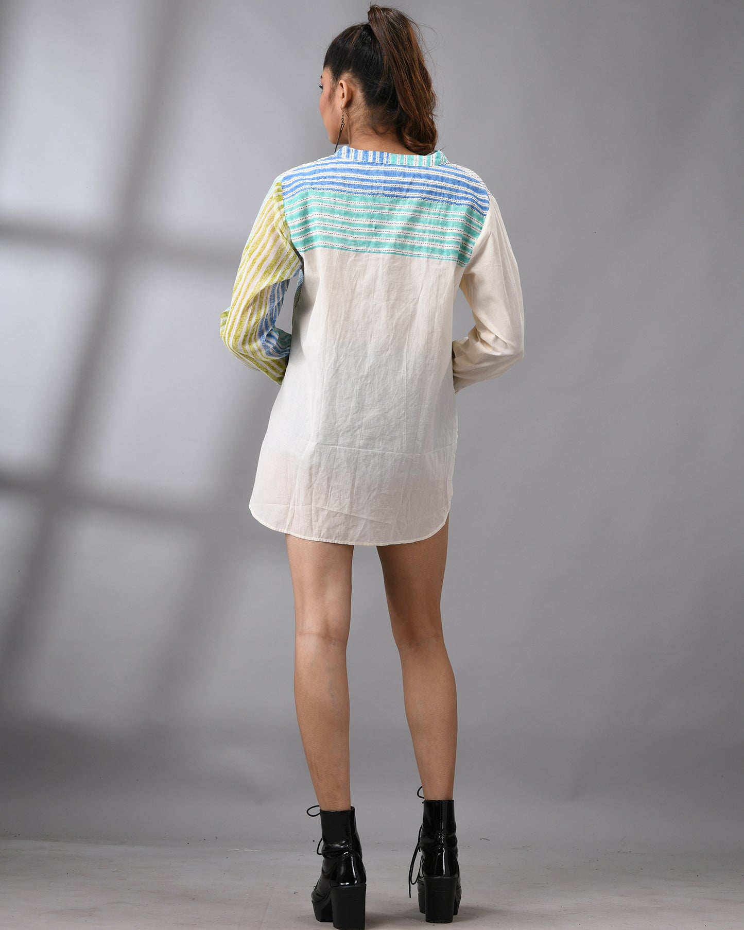Be Bold - Hand Block Print with Kantha Hand Embroidery Full Sleeve Mandarin Collar Shirt 100% Cotton for Women