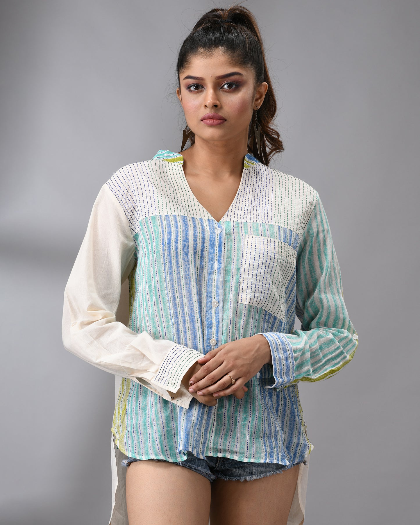 Be Bold - Hand Block Print with Kantha Hand Embroidery Full Sleeve Mandarin Collar Shirt 100% Cotton for Women