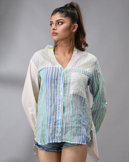 Be Bold - Hand Block Print with Kantha Hand Embroidery Full Sleeve Mandarin Collar Shirt 100% Cotton for Women