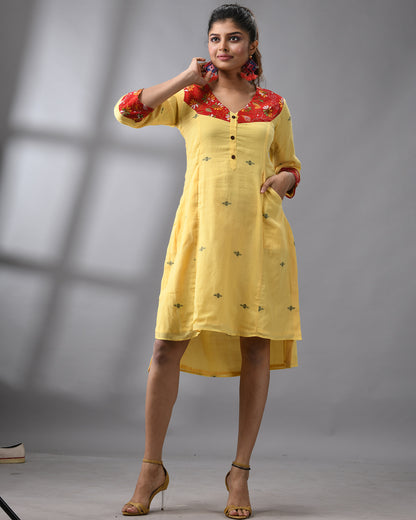 Handloom Jamdani Yellow Kantha Hand Embroidery Three-Quarter Sleeve Roundish "V" Neck Dress 100% Cotton for Women