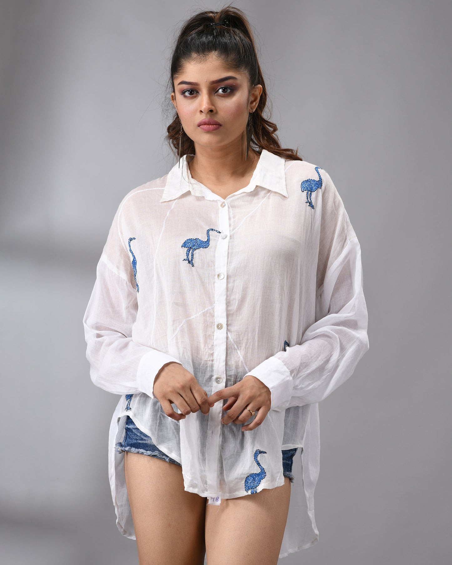 Mulmul Flamingo - Dark Blue Kantha Hand Embroidery Full Sleeve Regular Collar Shirt 100% Cotton for Women (Unisex)