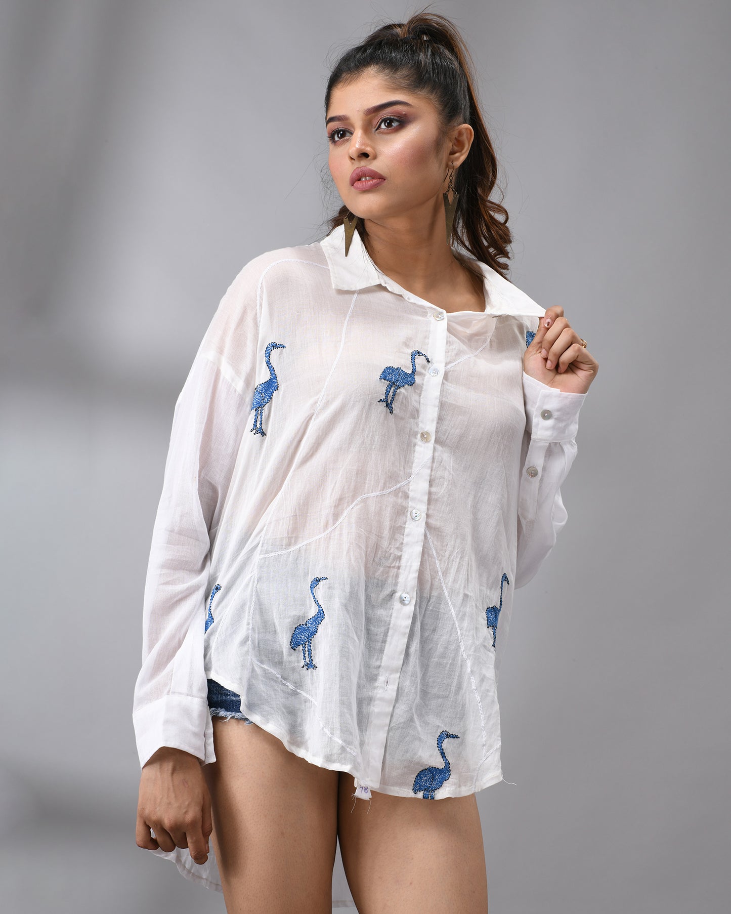 Mulmul Flamingo - Dark Blue Kantha Hand Embroidery Full Sleeve Regular Collar Shirt 100% Cotton for Women (Unisex)