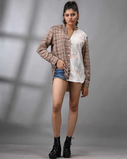 Peacock - kalamkari Kantha Hand Embroidery Full Sleeve Mandarin Collar Shirt  Regular fit 100% Cotton for Women
