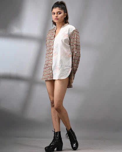 Peacock - kalamkari Kantha Hand Embroidery Full Sleeve Mandarin Collar Shirt  Regular fit 100% Cotton for Women