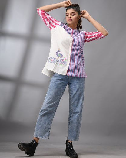 Handloom Jamdani Purple Gamcha Three-Quarter Sleeve Round Neck Top 100% Cotton for Women
