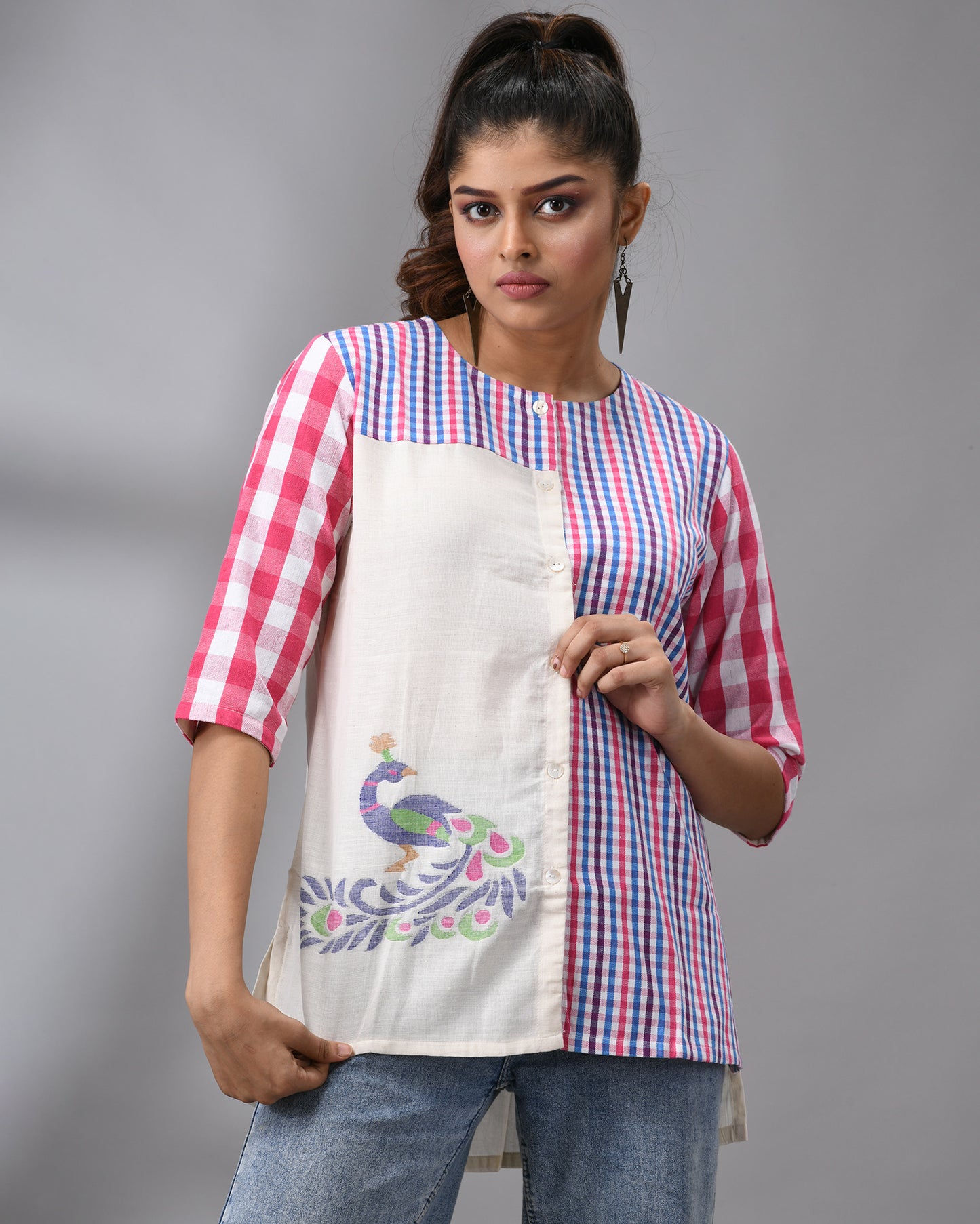 Handloom Jamdani Purple Gamcha Three-Quarter Sleeve Round Neck Top 100% Cotton for Women