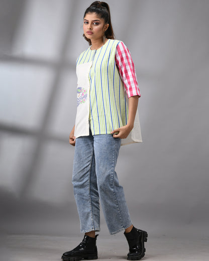 Handloom Jamdani Green Gamcha Three-Quarter Sleeve Round Neck Top 100% Cotton for Women