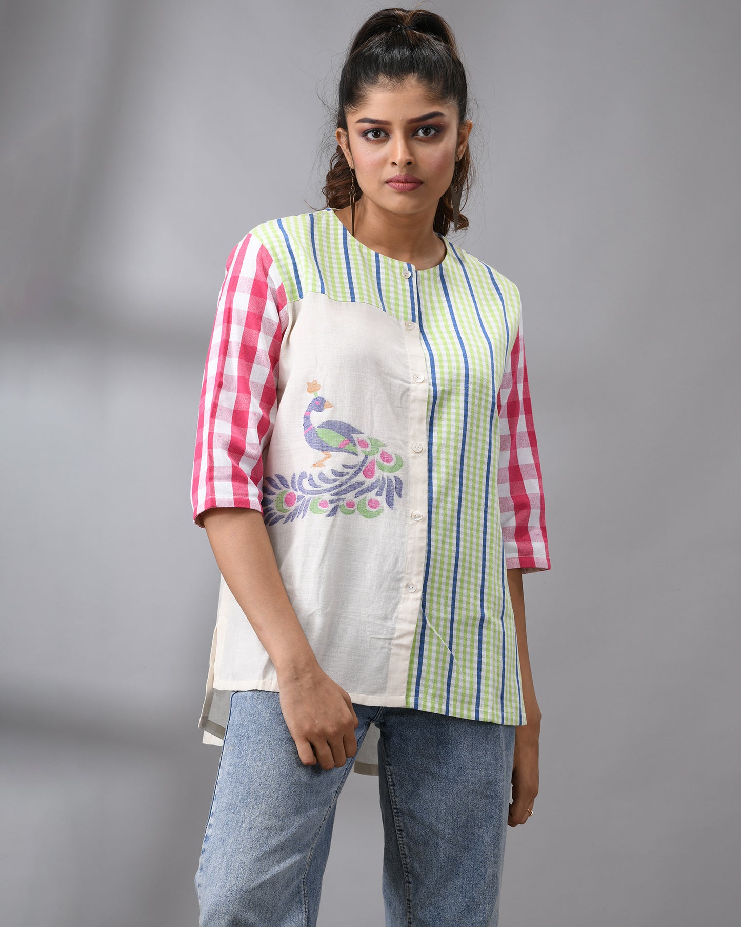 Handloom Jamdani Green Gamcha Three-Quarter Sleeve Round Neck Top 100% Cotton for Women