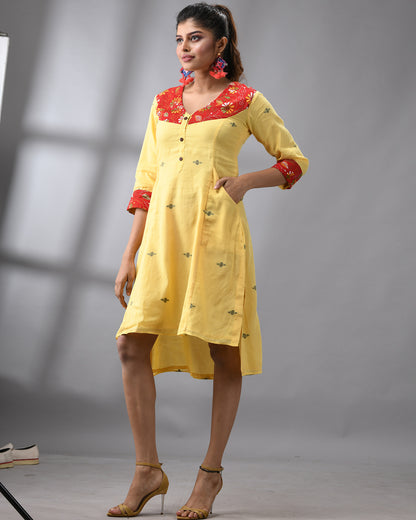 Handloom Jamdani Yellow Kantha Hand Embroidery Three-Quarter Sleeve Roundish "V" Neck Dress 100% Cotton for Women