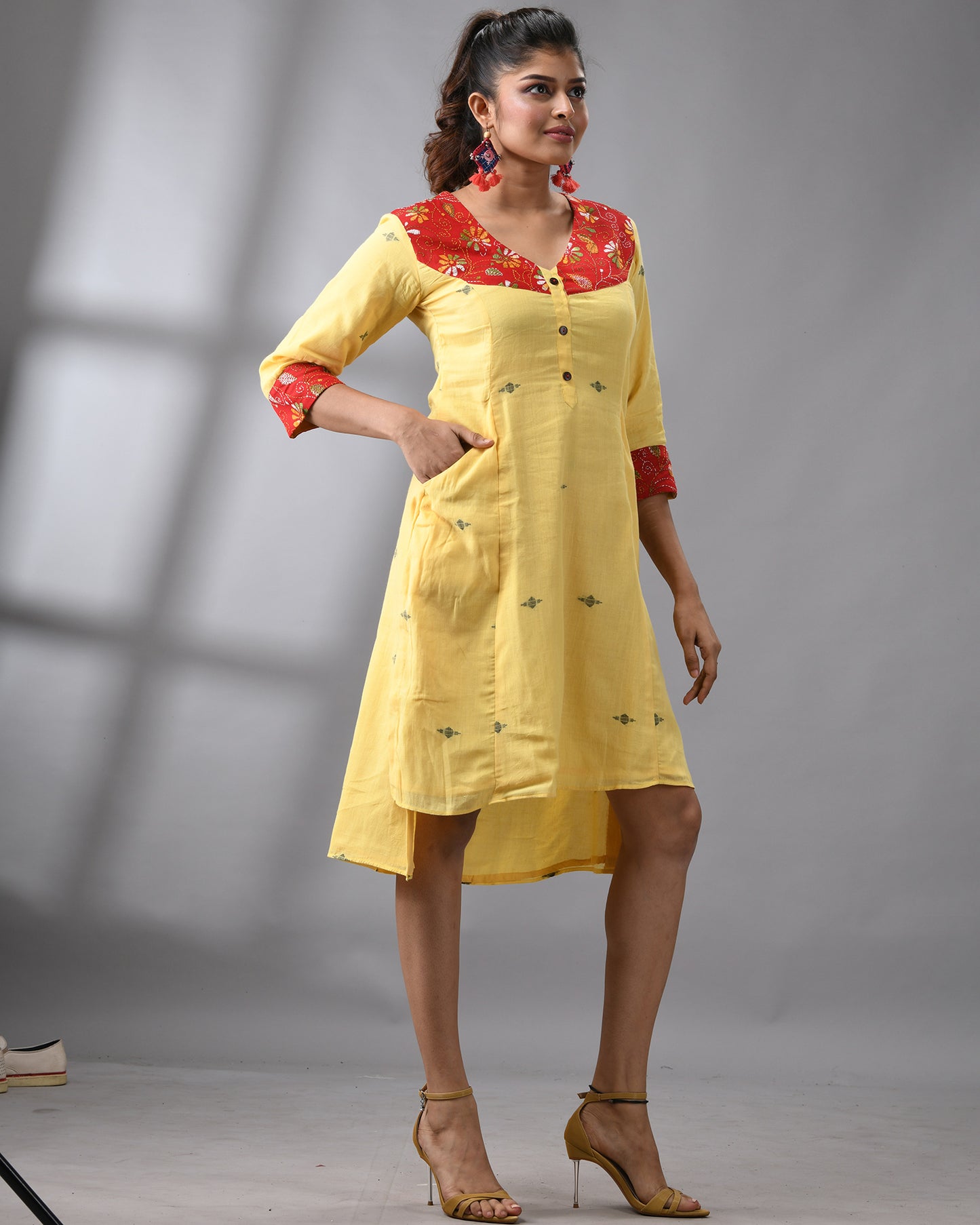 Handloom Jamdani Yellow Kantha Hand Embroidery Three-Quarter Sleeve Roundish "V" Neck Dress 100% Cotton for Women