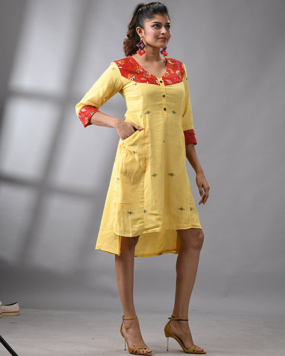 Handloom Jamdani Yellow Kantha Hand Embroidery Three-Quarter Sleeve Roundish "V" Neck Dress 100% Cotton for Women