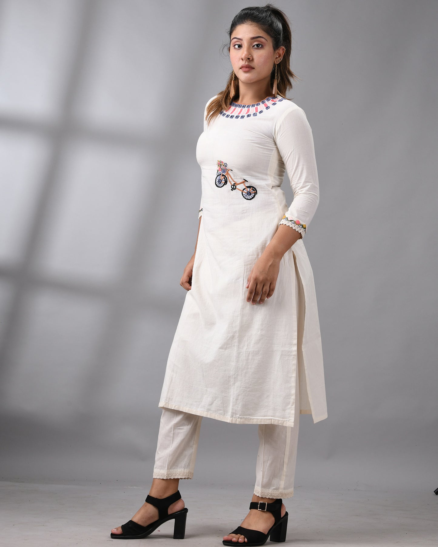 Sheesha - Kora  Parsee Hand Embroidery Three-Quarter Sleeve "O" Neck Co-Ord Set 100% Cotton for Women