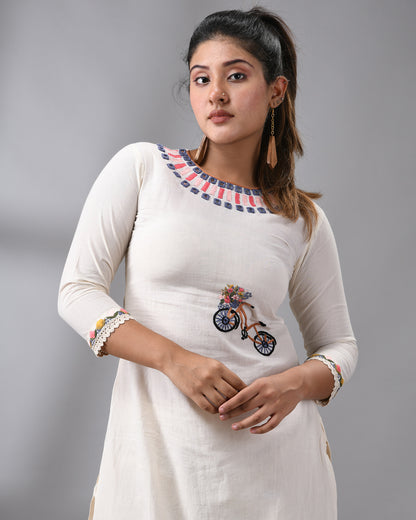 Sheesha - Kora  Parsee Hand Embroidery Three-Quarter Sleeve "O" Neck Co-Ord Set 100% Cotton for Women