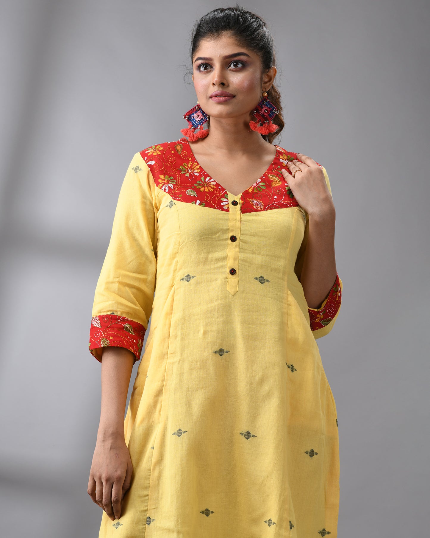 Handloom Jamdani Yellow Kantha Hand Embroidery Three-Quarter Sleeve Roundish "V" Neck Dress 100% Cotton for Women