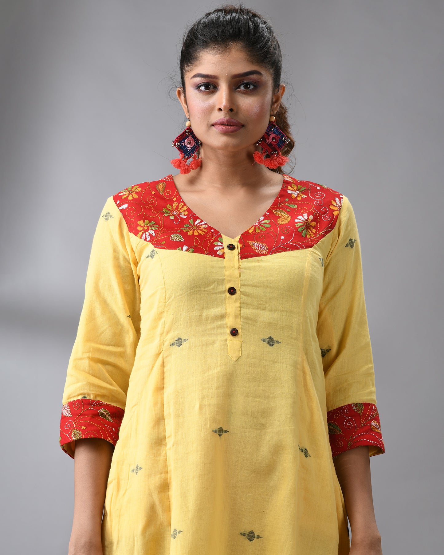 Handloom Jamdani Yellow Kantha Hand Embroidery Three-Quarter Sleeve Roundish "V" Neck Dress 100% Cotton for Women