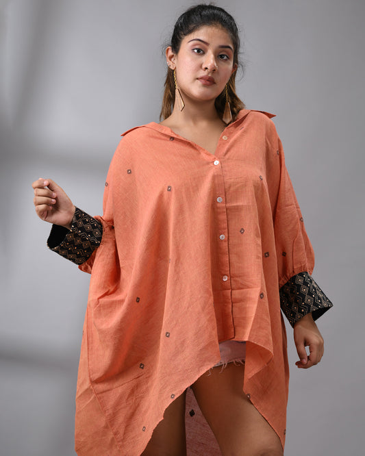 Handloom Jamdani Rust Orange Kaftan Regular Shirt Collar Hand Embroidery on Cuff Free size Loose Fit 100% Cotton for Women