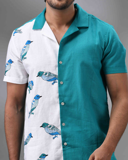 Neel Chorui - Kantha Hand Embroidery Half Sleeve Cuban Collar Shirt 100% Cotton for Men (Unisex)