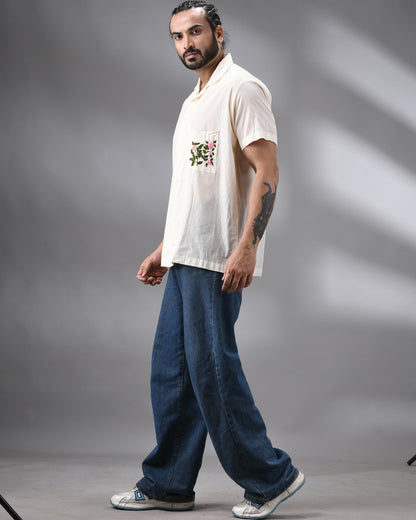 Flower Pot - Parsee Hand Embroidery Half Sleeve Cuban Collar Shirt 100% Cotton for Men (Unisex)