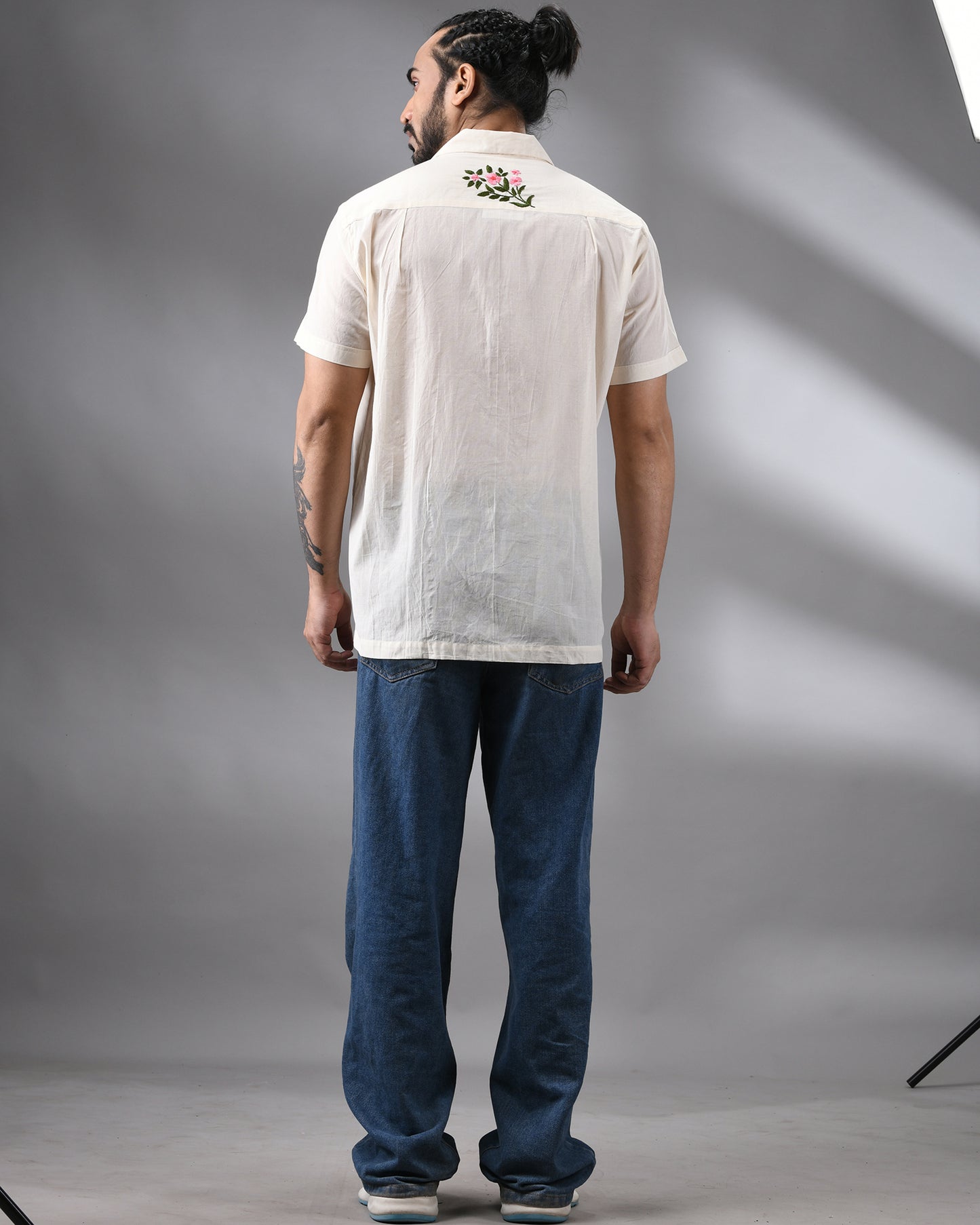 Flower Pot - Parsee Hand Embroidery Half Sleeve Cuban Collar Shirt 100% Cotton for Men (Unisex)