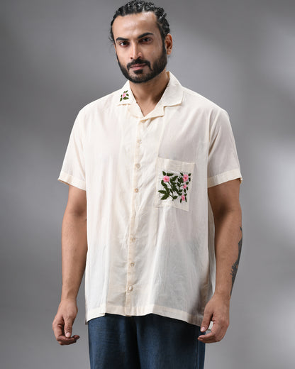 Flower Pot - Parsee Hand Embroidery Half Sleeve Cuban Collar Shirt 100% Cotton for Men (Unisex)