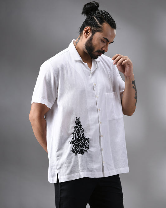 Krishnakali - Parsee Hand Embroidery Half Sleeve Cuban Collar Shirt 100% Cotton for Men (Unisex)