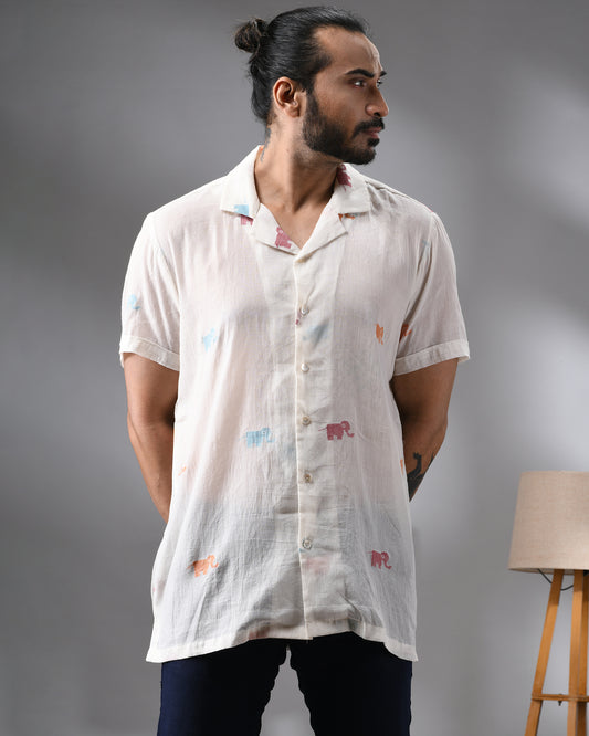 Elephant - Handloom Jamdani Half Sleeve Cuban Collar Shirt 100% Cotton for Men (Unisex)